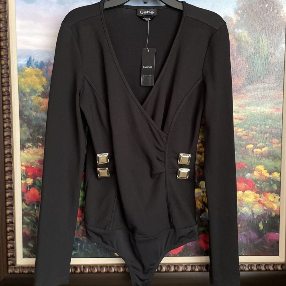 Bebe Surplice LS Bodysuit Black Gold Stretch